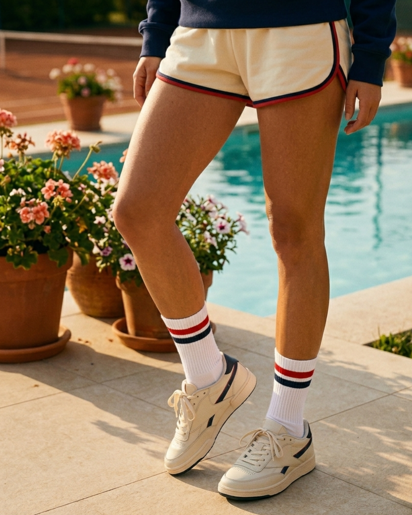 Person wearing white shorts with red and blue trim, white socks with red and blue stripes, and beige sneakers by a pool.